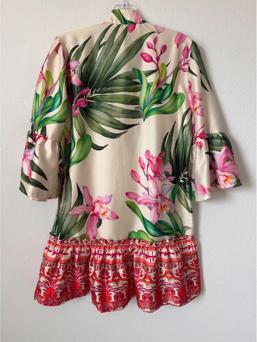 KASIA NWT Bell 3/4 Sleeve Button Up Floral Satin Tiered Mini Dress Size S